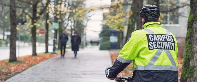 Security guard monitoring campus for enhanced campus safety and security.
